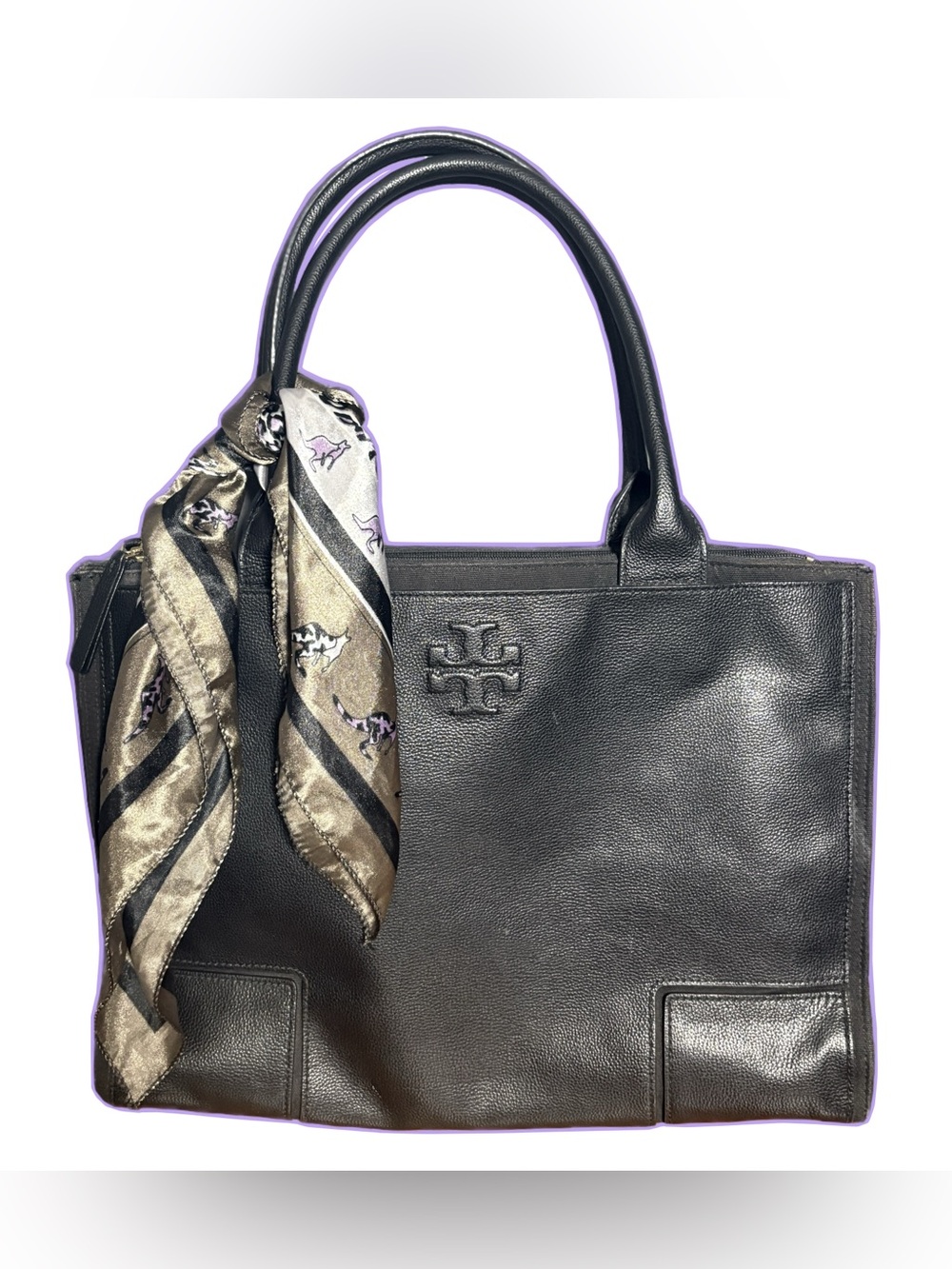 Tory Burch Black Leather Tote with Patterned Scarf Accent